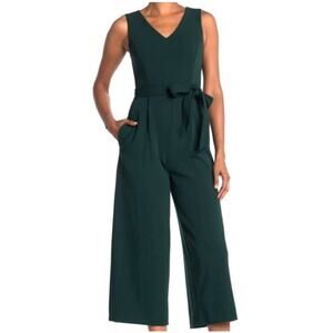Calvin Klein Emerald Green Sleeveless Wide Leg Belted Jumpsuit Cropped Size 10